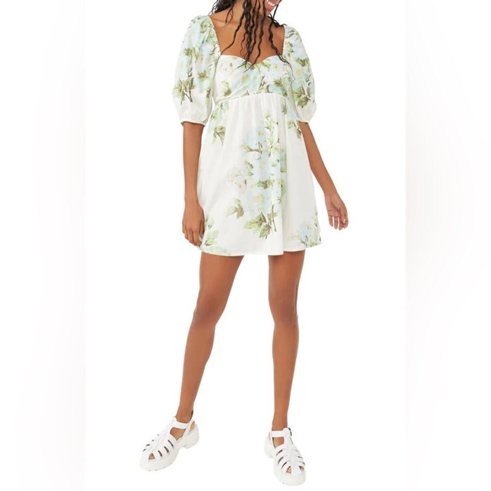 NEW Free People Peony Babydoll Smock Dress Floral Womens M Cotton Puff Sleeves
